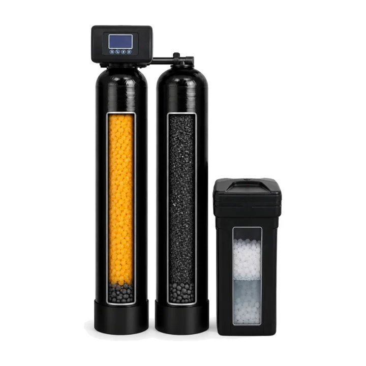 Dual-tank whole-home system with a carbon tank, a softener tank and a brine tank