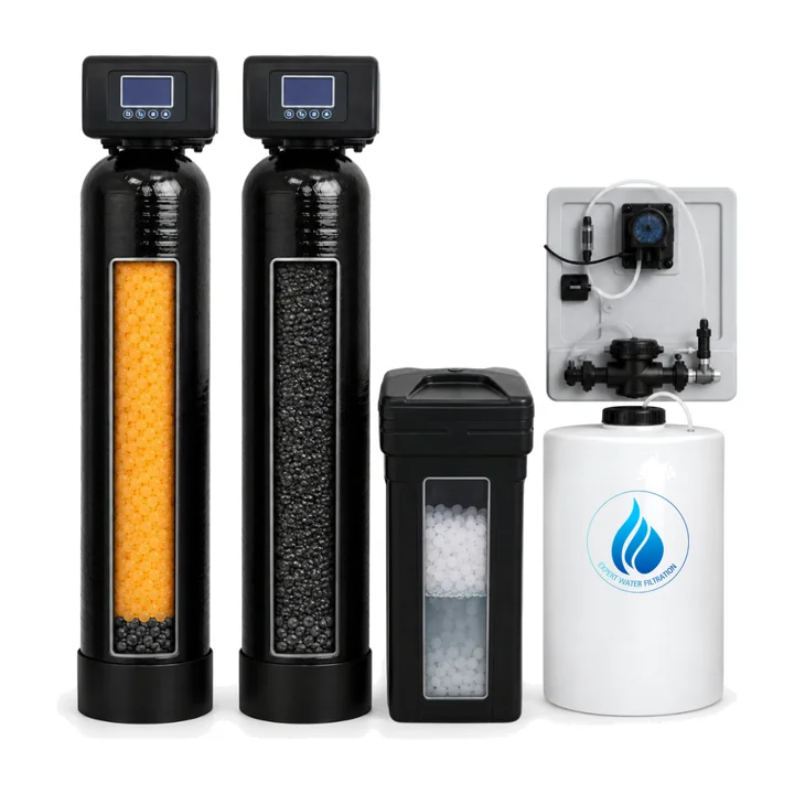 Iron and sulfur removal system for well water with injection panel, holding tank, filter and softener tanks